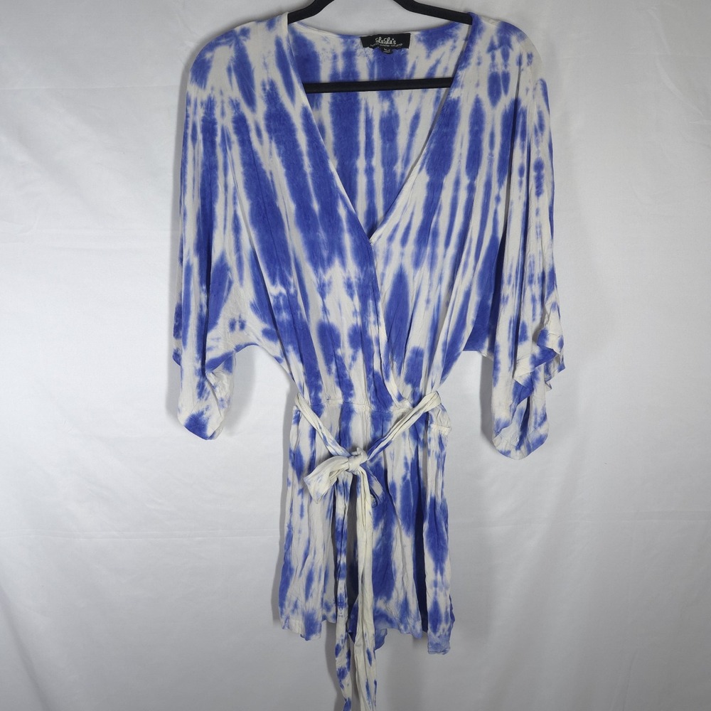 Lulus Blue White Tie Dye Romper Womens L Wrap Kimono Sleeve Belted Rayon Boho